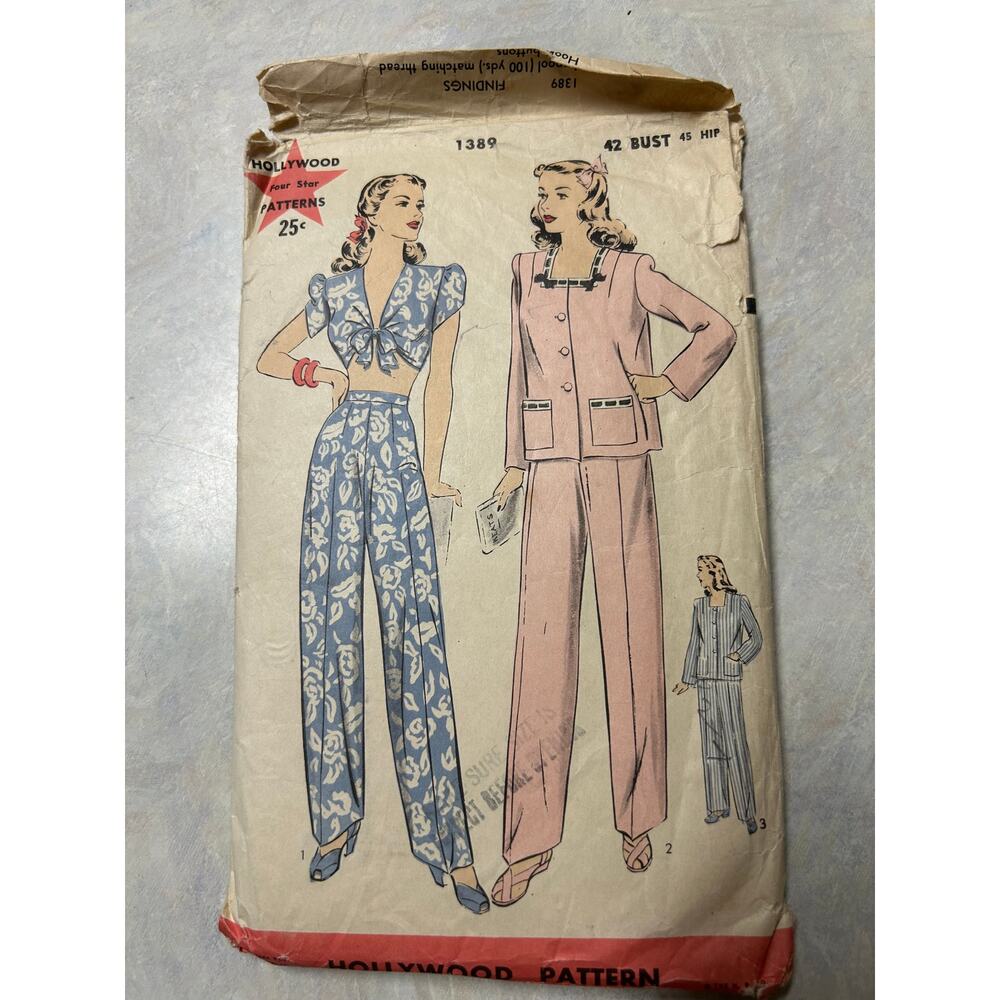Vintage 1940's Hollywood Pattern #1389 Women's Beach Pajamas‎ Lounging Pants 42